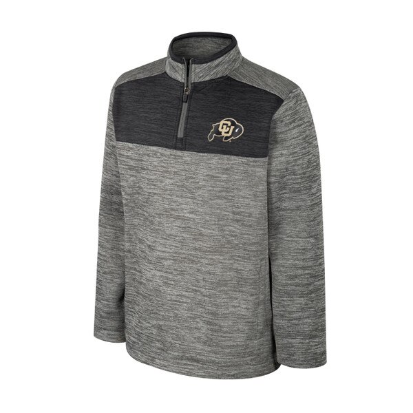 A gray Colosseum youth quarter zip with a black chest, C.U buffalo logo, and two hand pockets.
